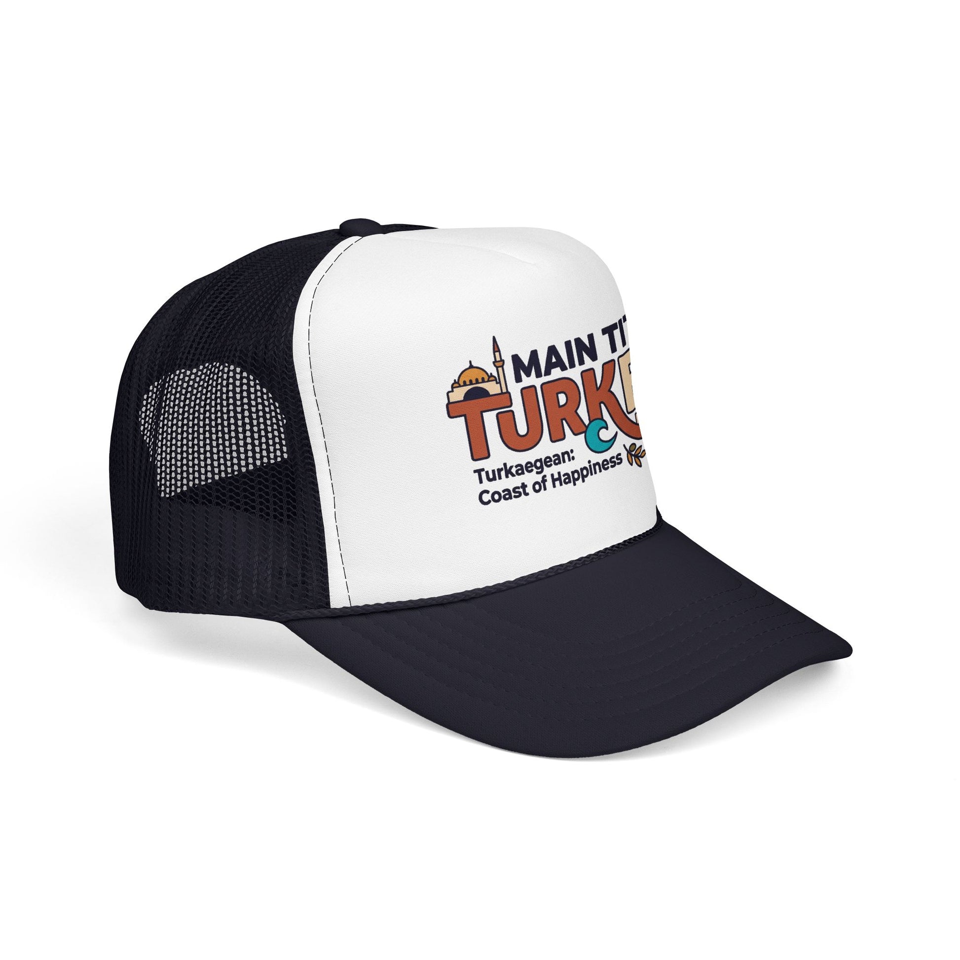 Black and white trucker hat with mesh sides, curved brim, and Turkey logo patch.