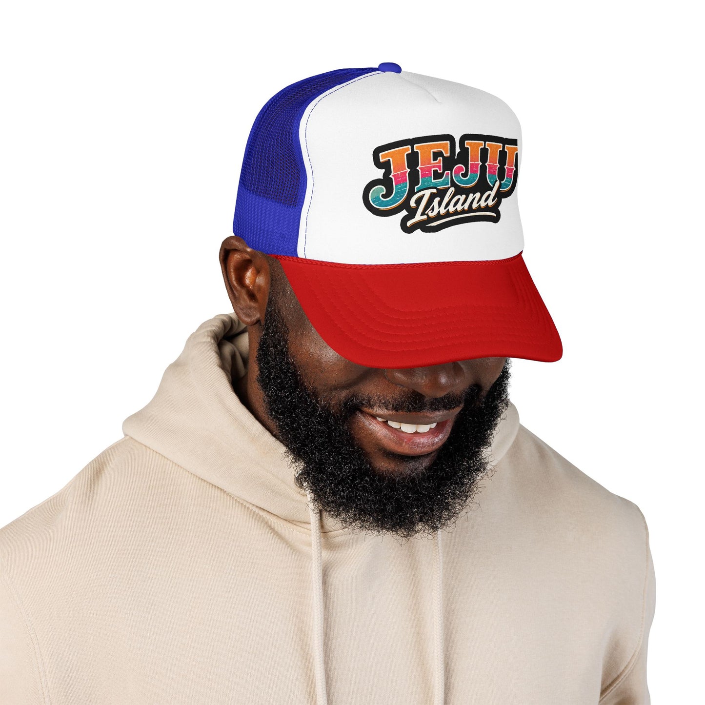 Foam trucker hat in royal blue and white with red brim, mesh back, logo