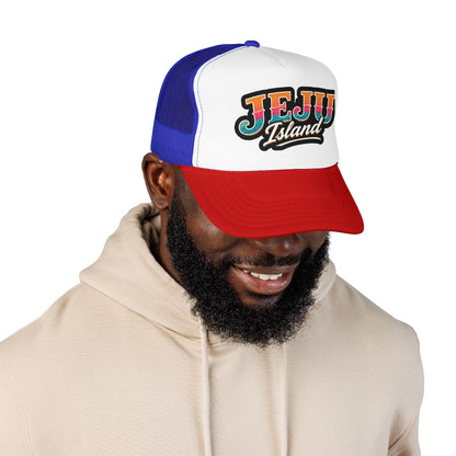 Foam trucker hat in royal blue and white with red brim, mesh back, logo