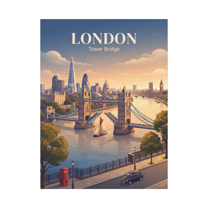 Matte canvas wall art featuring London Tower Bridge skyline with gold “LONDON” title