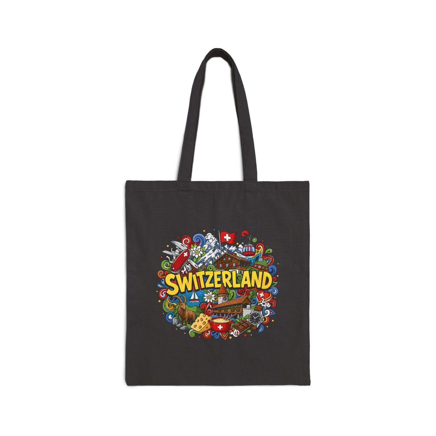 Black canvas tote bag with colorful Switzerland graphic on the front
