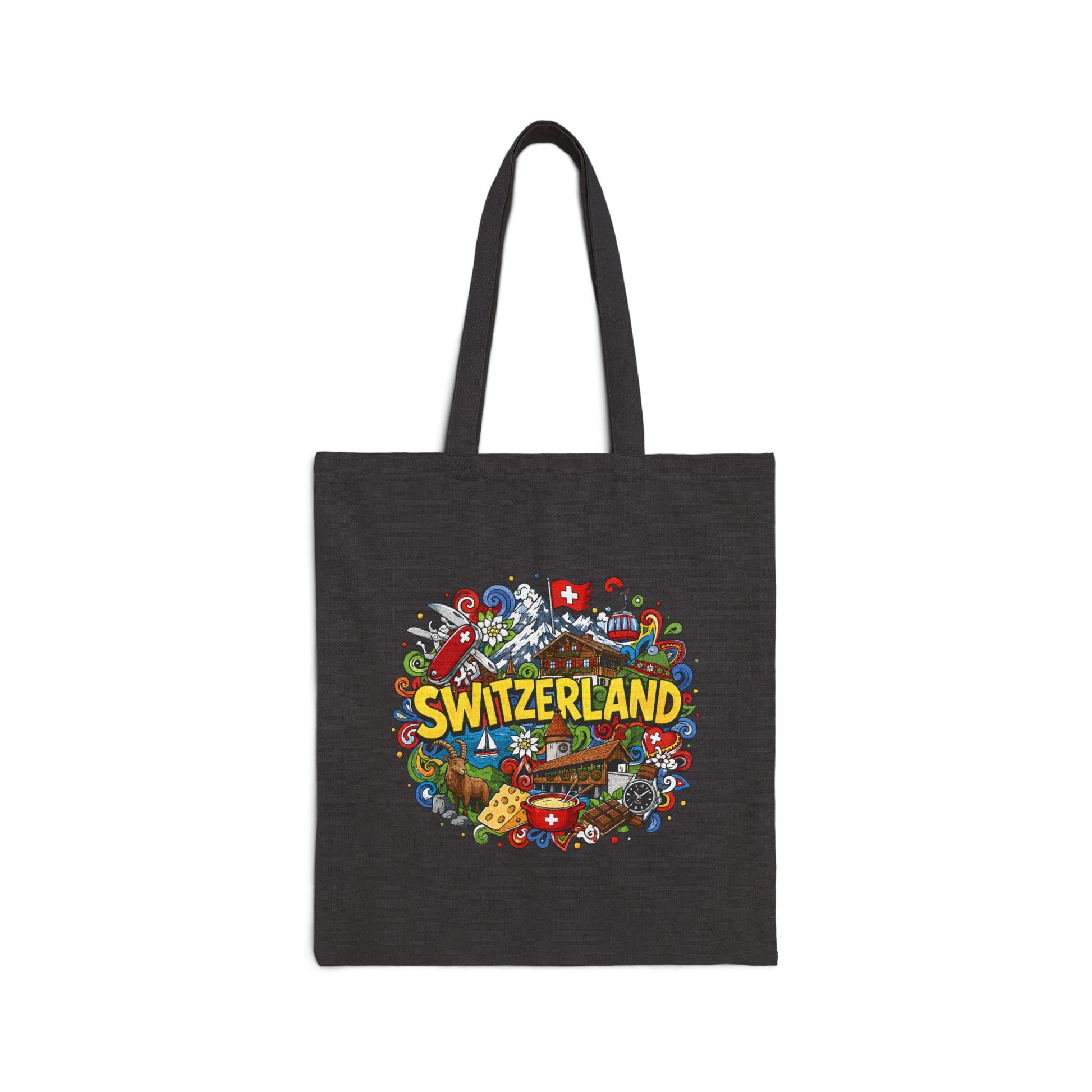 Black canvas tote bag with colorful Switzerland graphic on the front