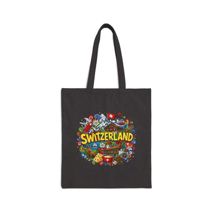 Black canvas tote bag with colorful Switzerland graphic on the front