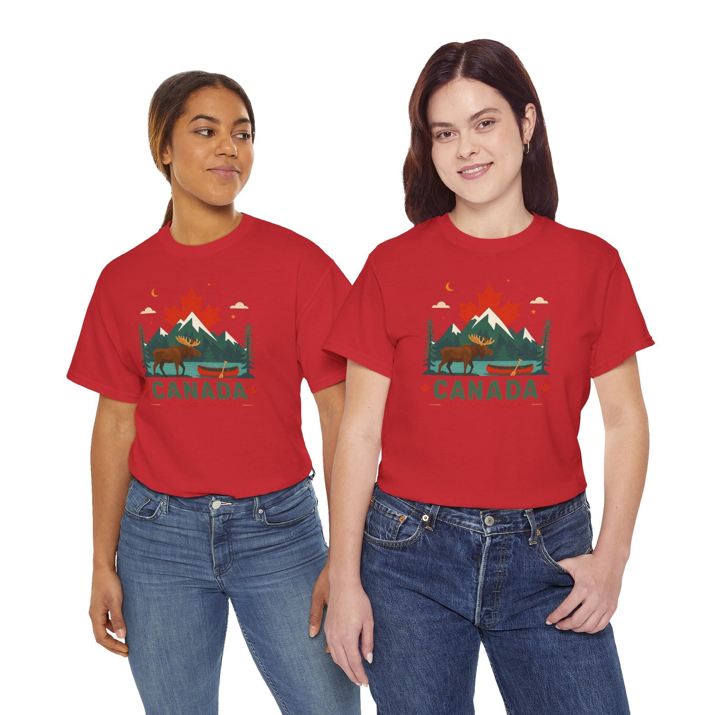 Red crew-neck T-shirt with Canada mountain and wildlife graphic