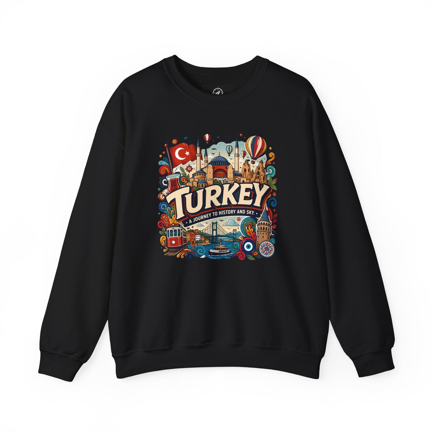 Black crewneck sweatshirt with colorful Turkey graphic logo on chest