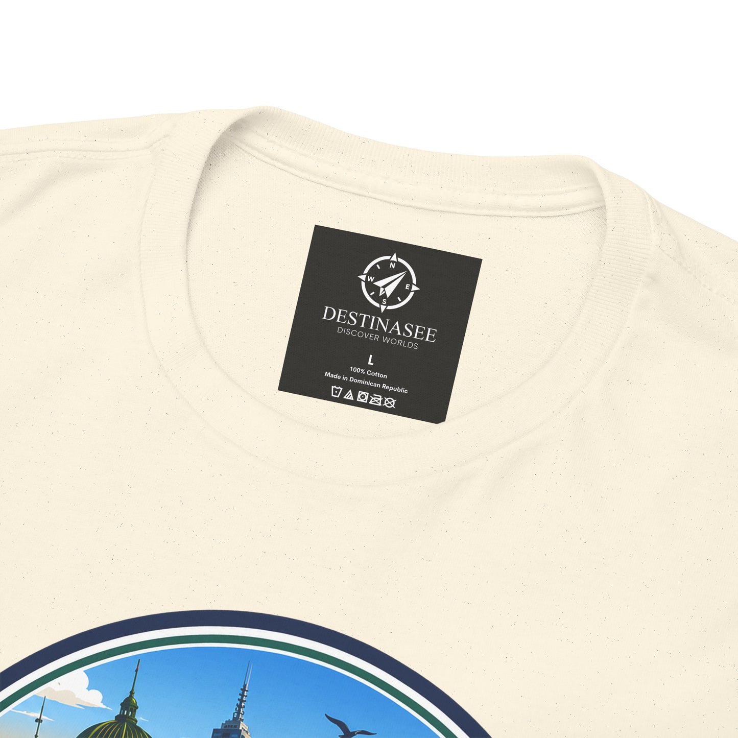Australia-themed travel T-shirt in natural/beige, neck label and top of front graphic