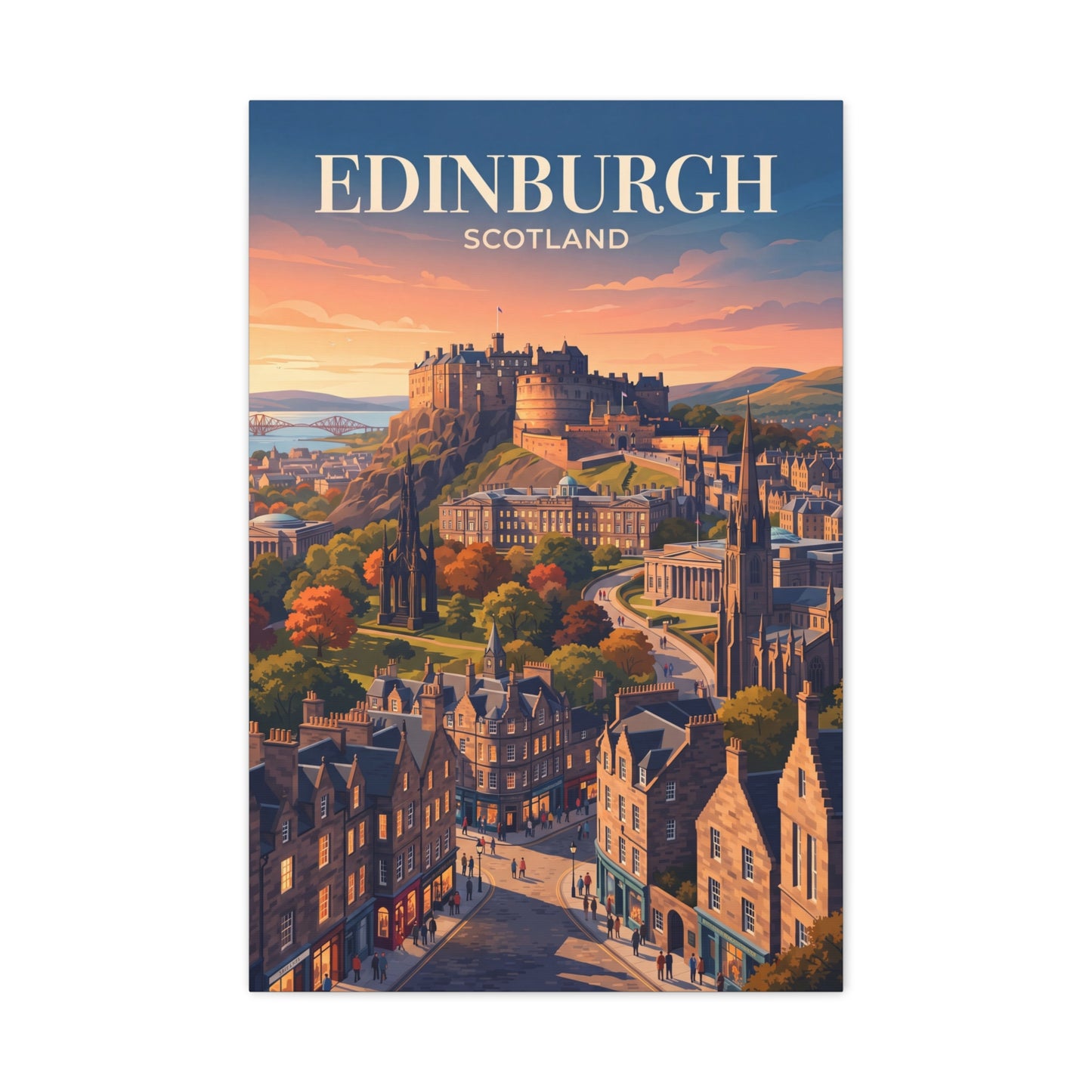Edinburgh Scotland canvas wall art print with castle and city street
