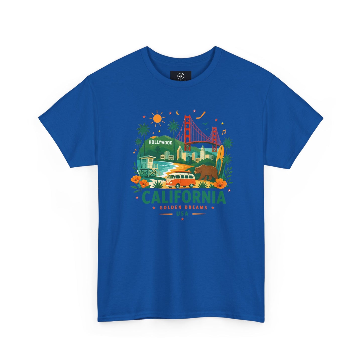 Royal blue short-sleeve crewneck T-shirt with colorful California graphic print