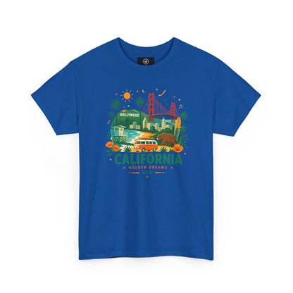 Royal blue short-sleeve crewneck T-shirt with colorful California graphic print