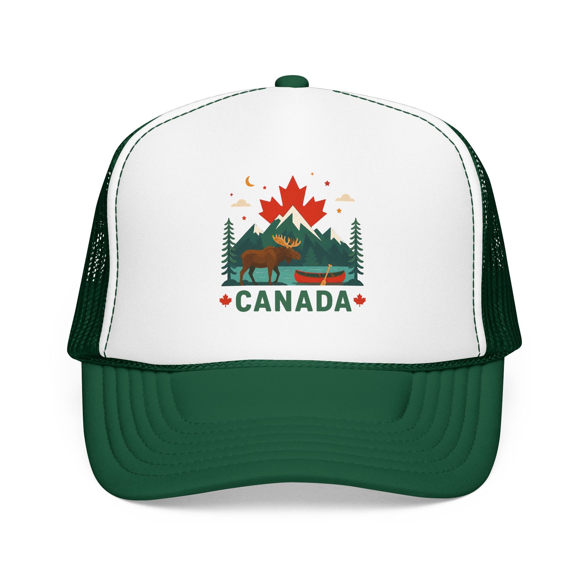 White/black and dark green Canada moose trucker hat with 'CANADA' front graphic and mesh sides