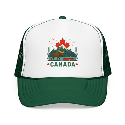 White/black and dark green Canada moose trucker hat with 'CANADA' front graphic and mesh sides