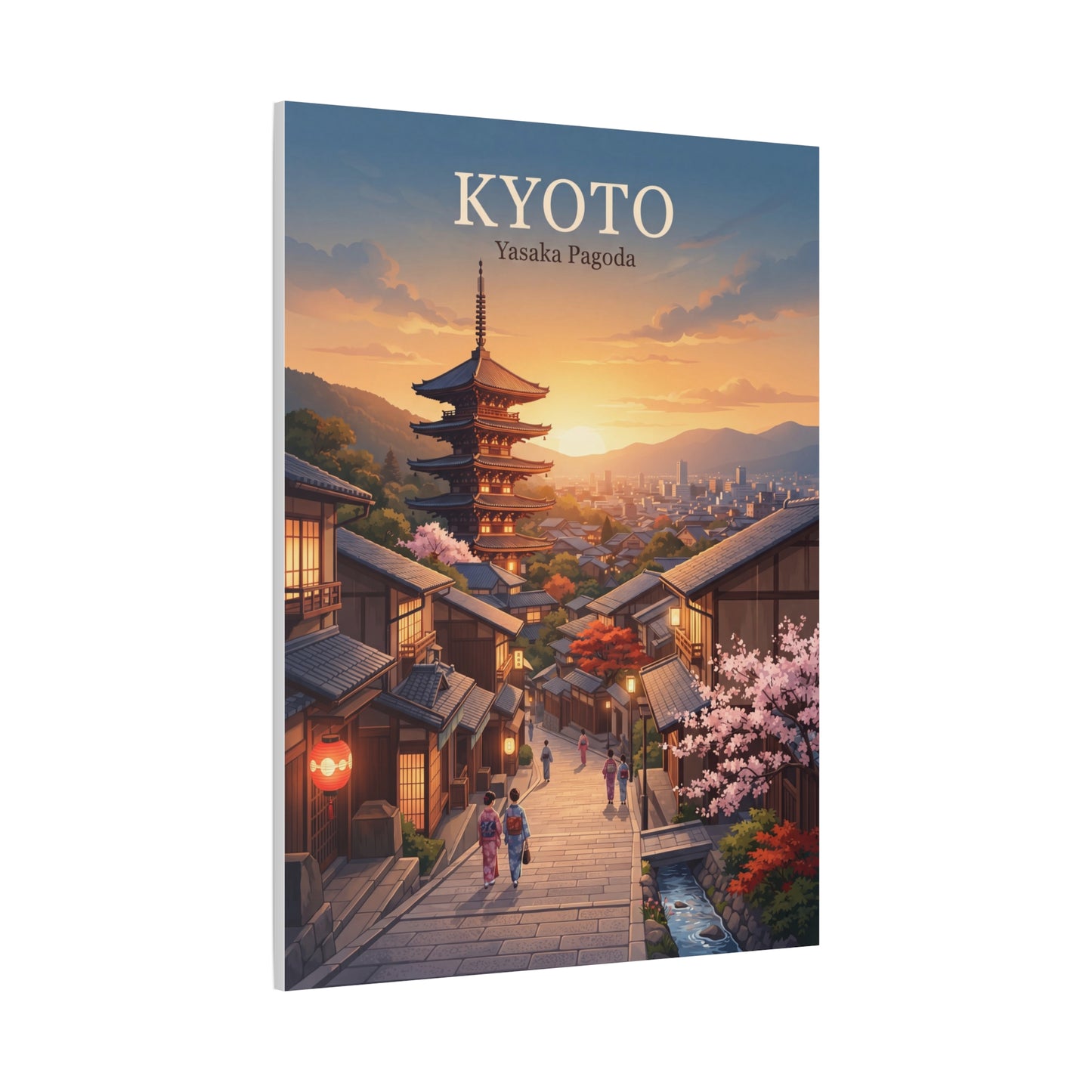 Matte canvas print of Kyoto street and Yasaka Pagoda with cherry-lined alley