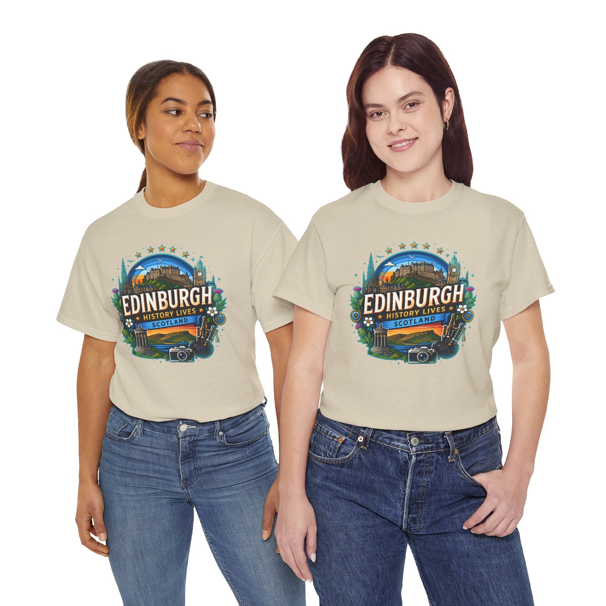 Light tan crew-neck T-shirt with large circular Edinburgh-themed graphic print on chest
