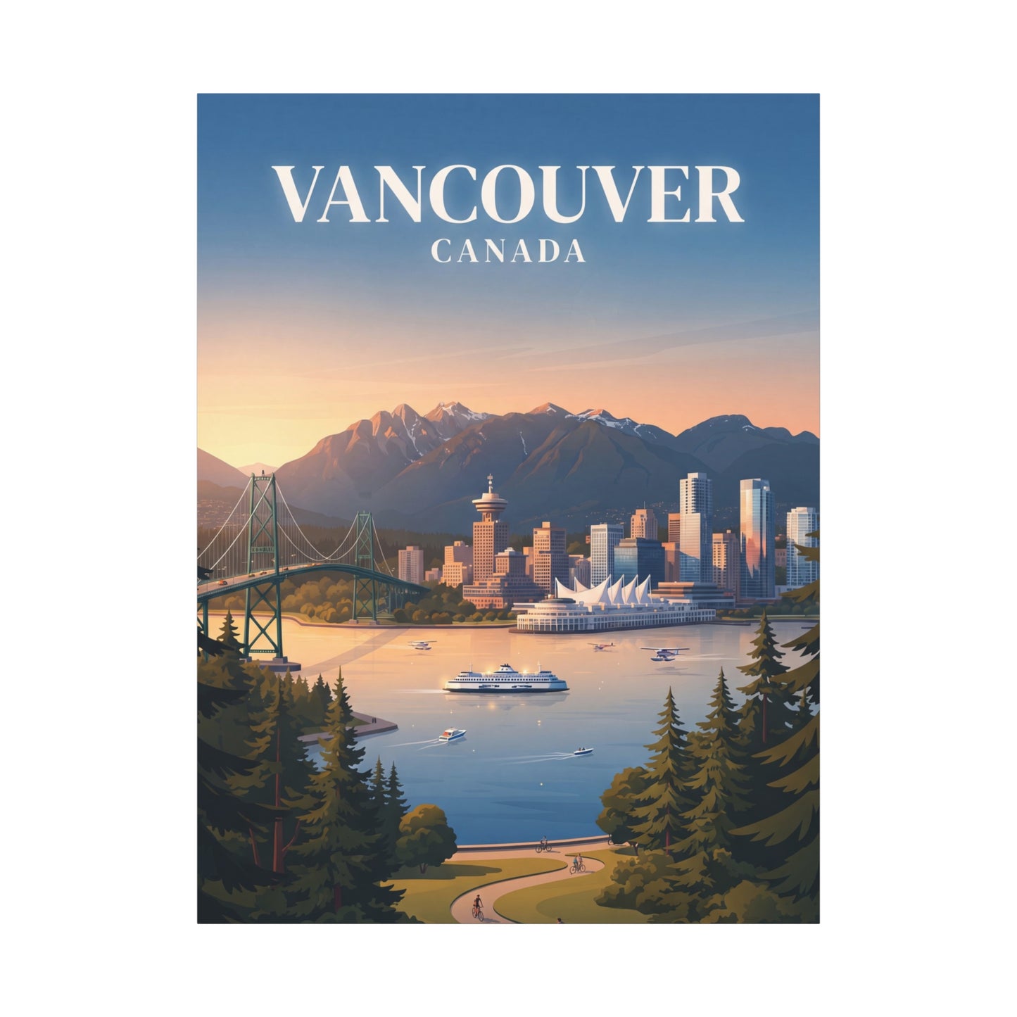 Matte canvas wall art with blue sky and sunset tones, city skyline, harbor water, and evergreens.