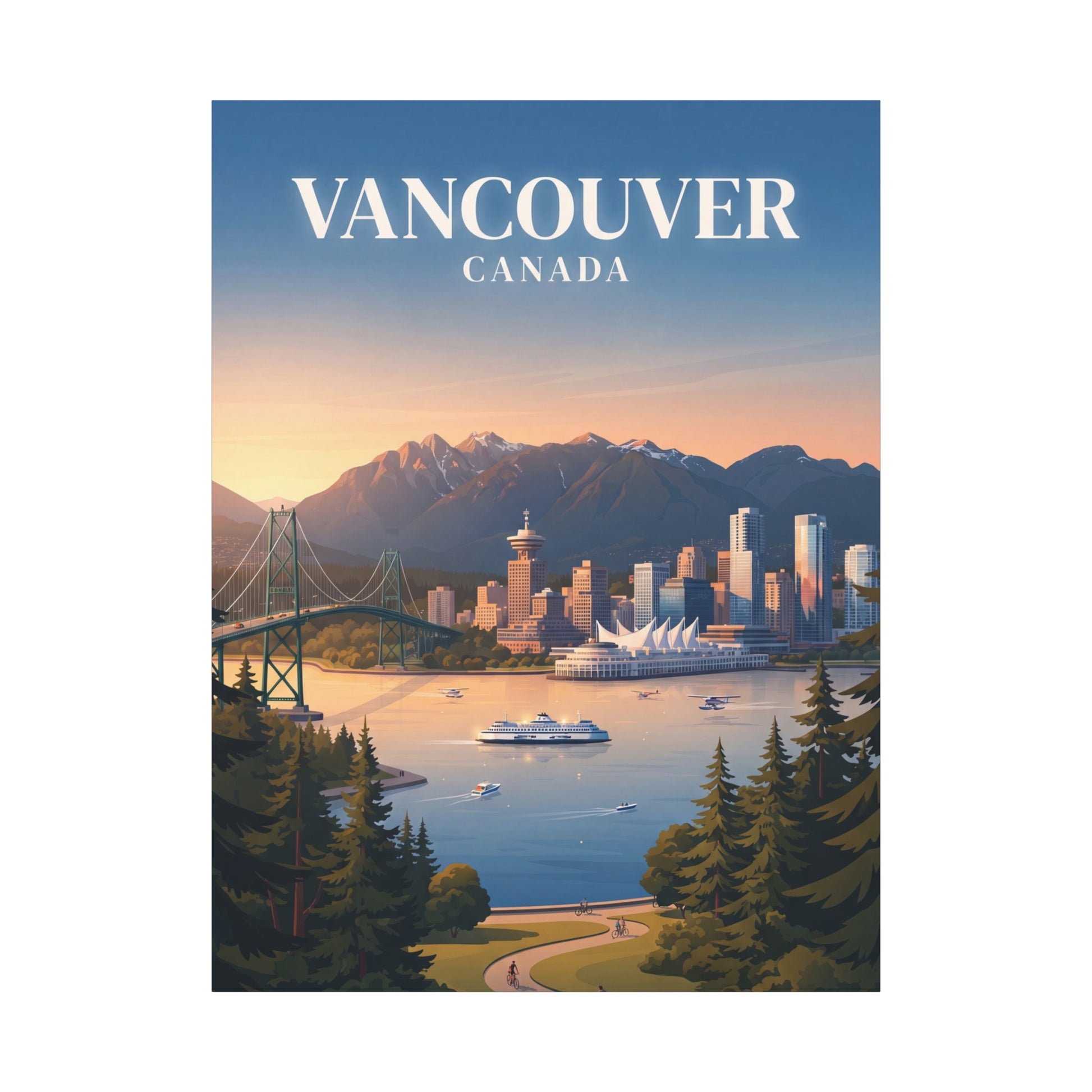 Matte canvas wall art with blue sky and sunset tones, city skyline, harbor water, and evergreens.