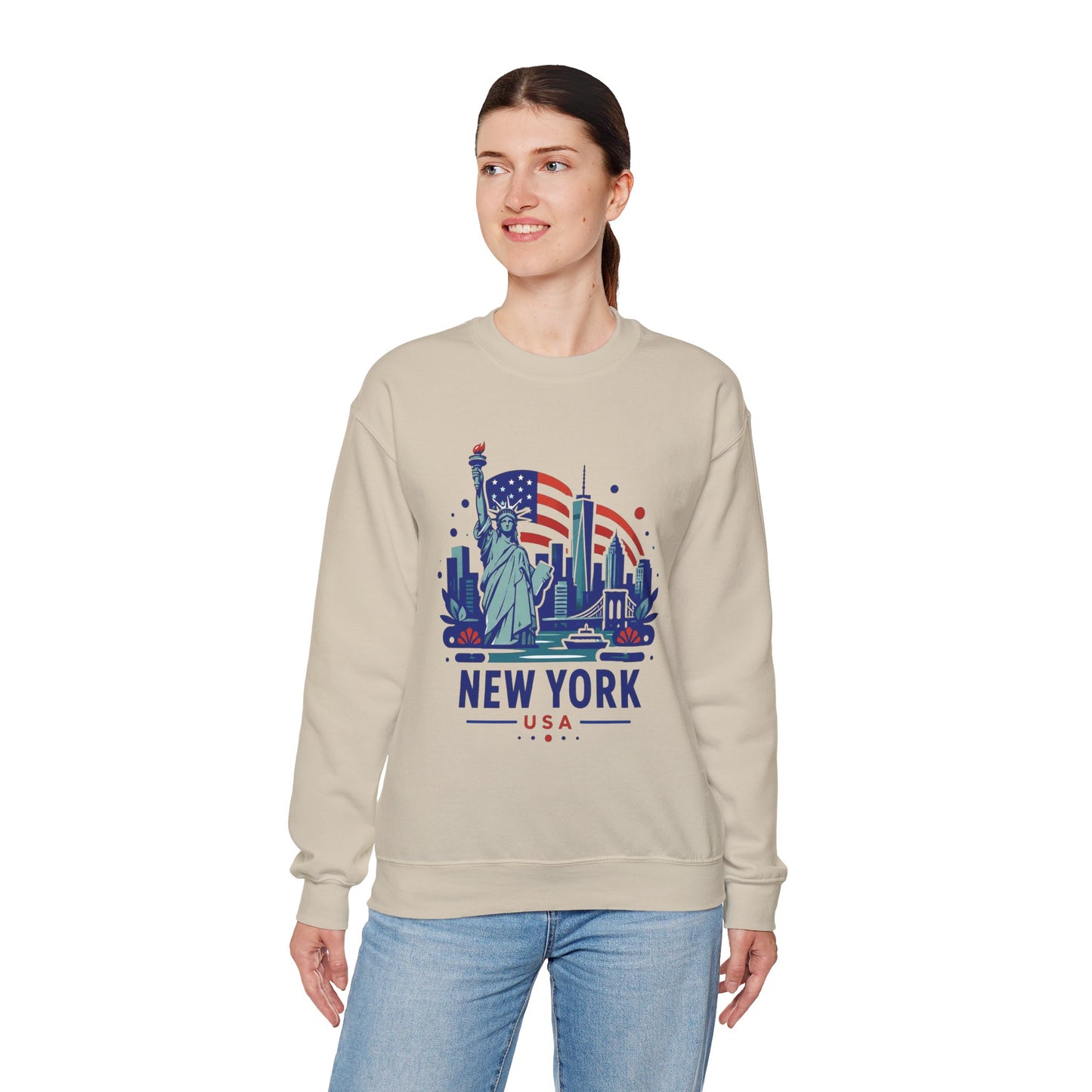 Beige crewneck sweatshirt with New York skyline graphic, crew neckline