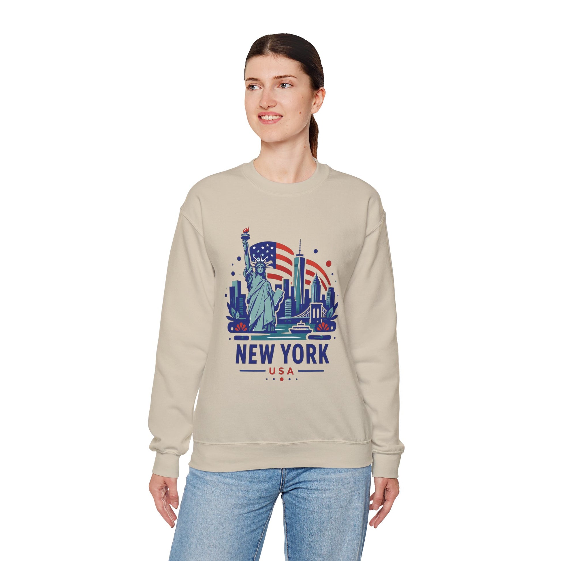 Beige crewneck sweatshirt with New York skyline graphic, crew neckline