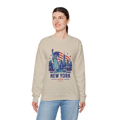 Beige crewneck sweatshirt with New York skyline graphic, crew neckline