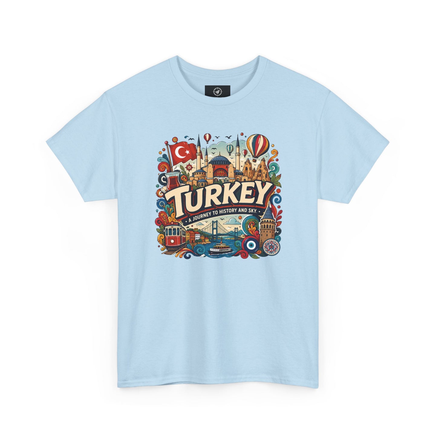 Light blue crewneck graphic tee with colorful “Turkey” Istanbul landmark print
