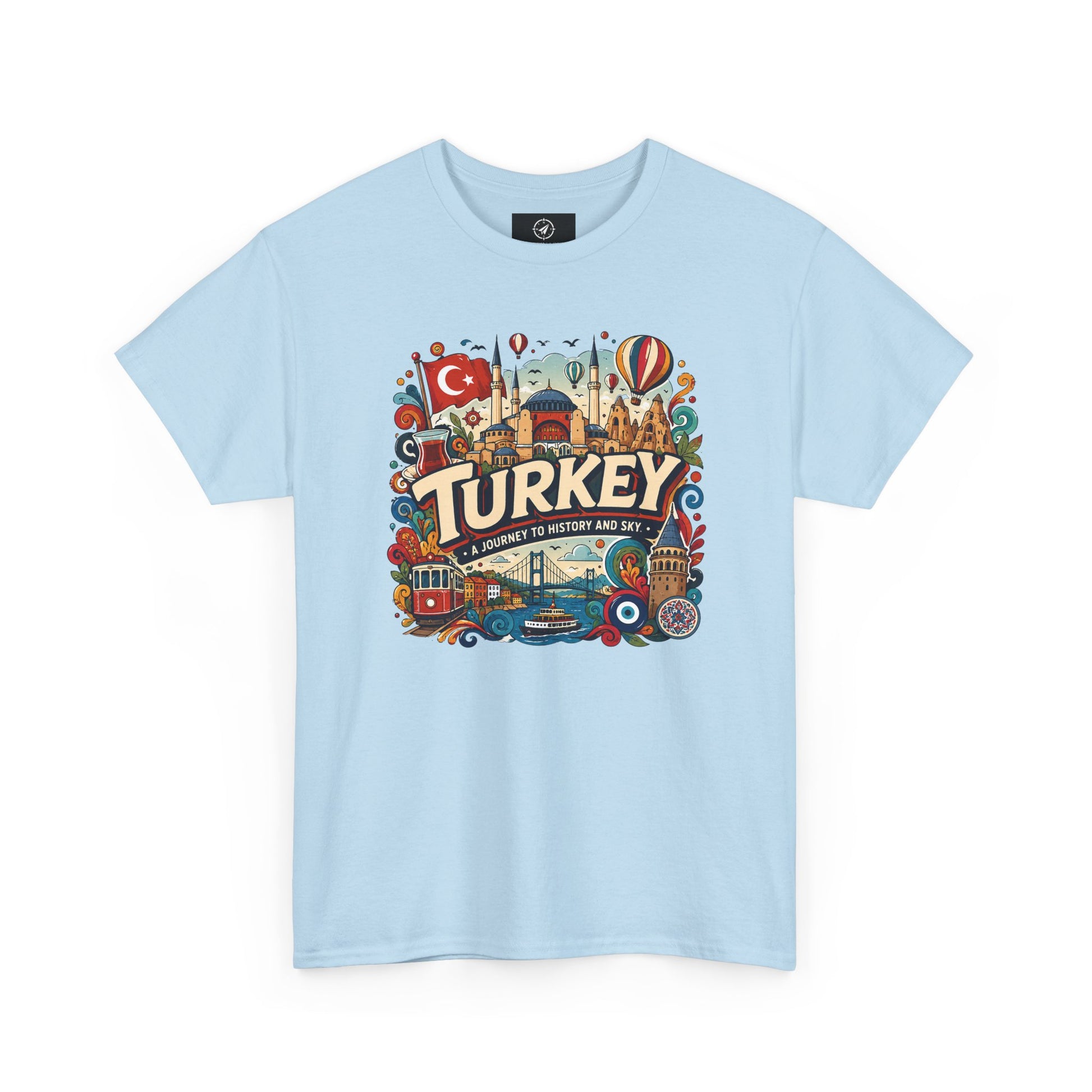 Light blue crewneck graphic tee with colorful “Turkey” Istanbul landmark print
