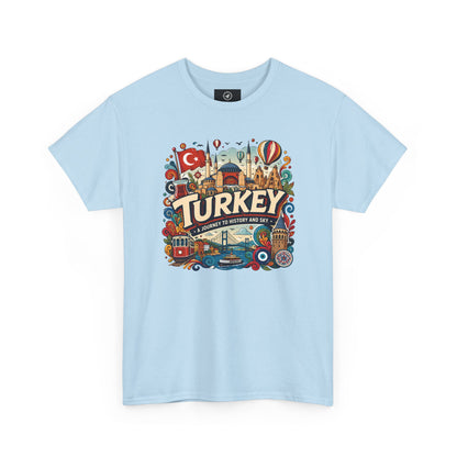 Light blue crewneck graphic tee with colorful “Turkey” Istanbul landmark print