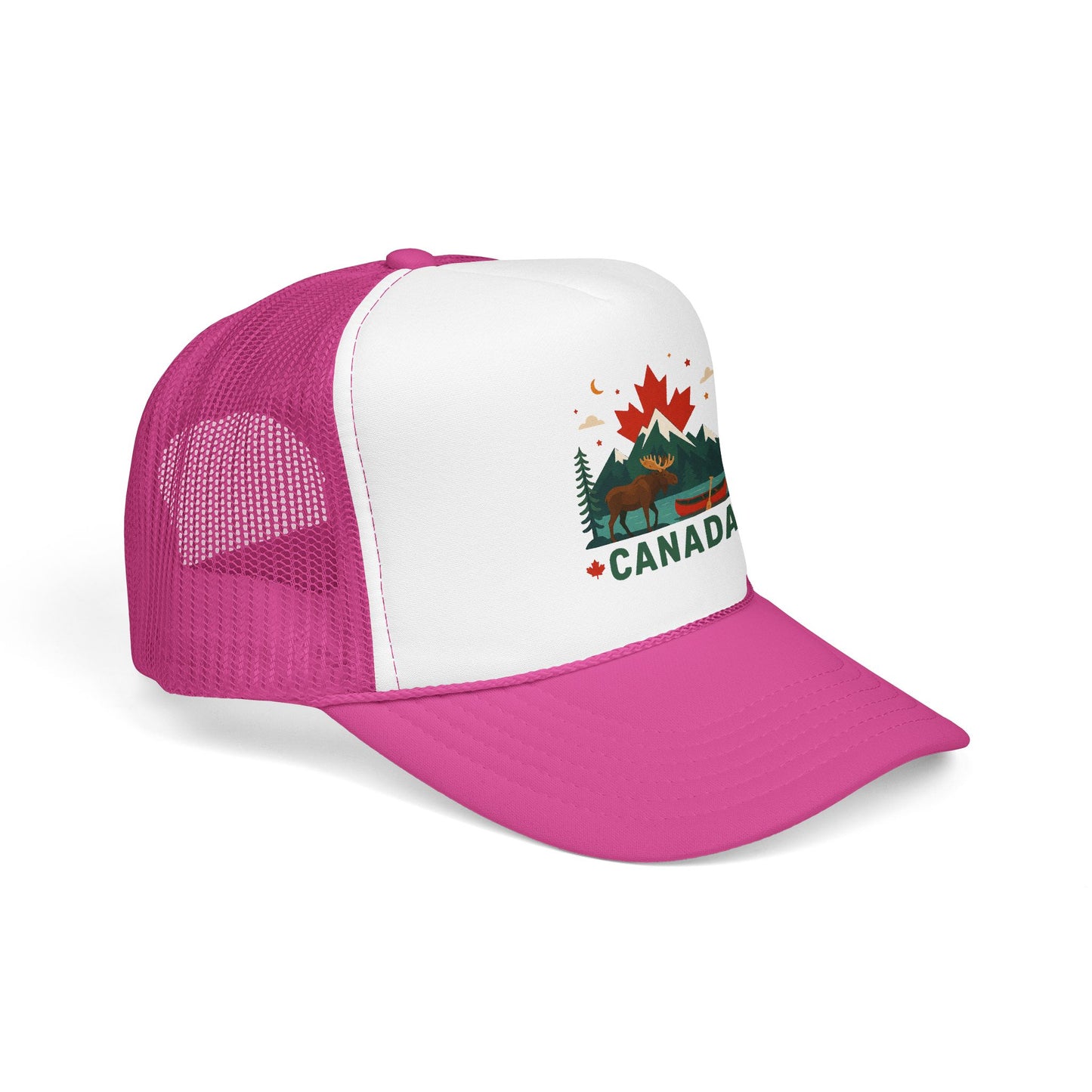 Pink and white trucker hat with mesh back and embroidered Canada logo