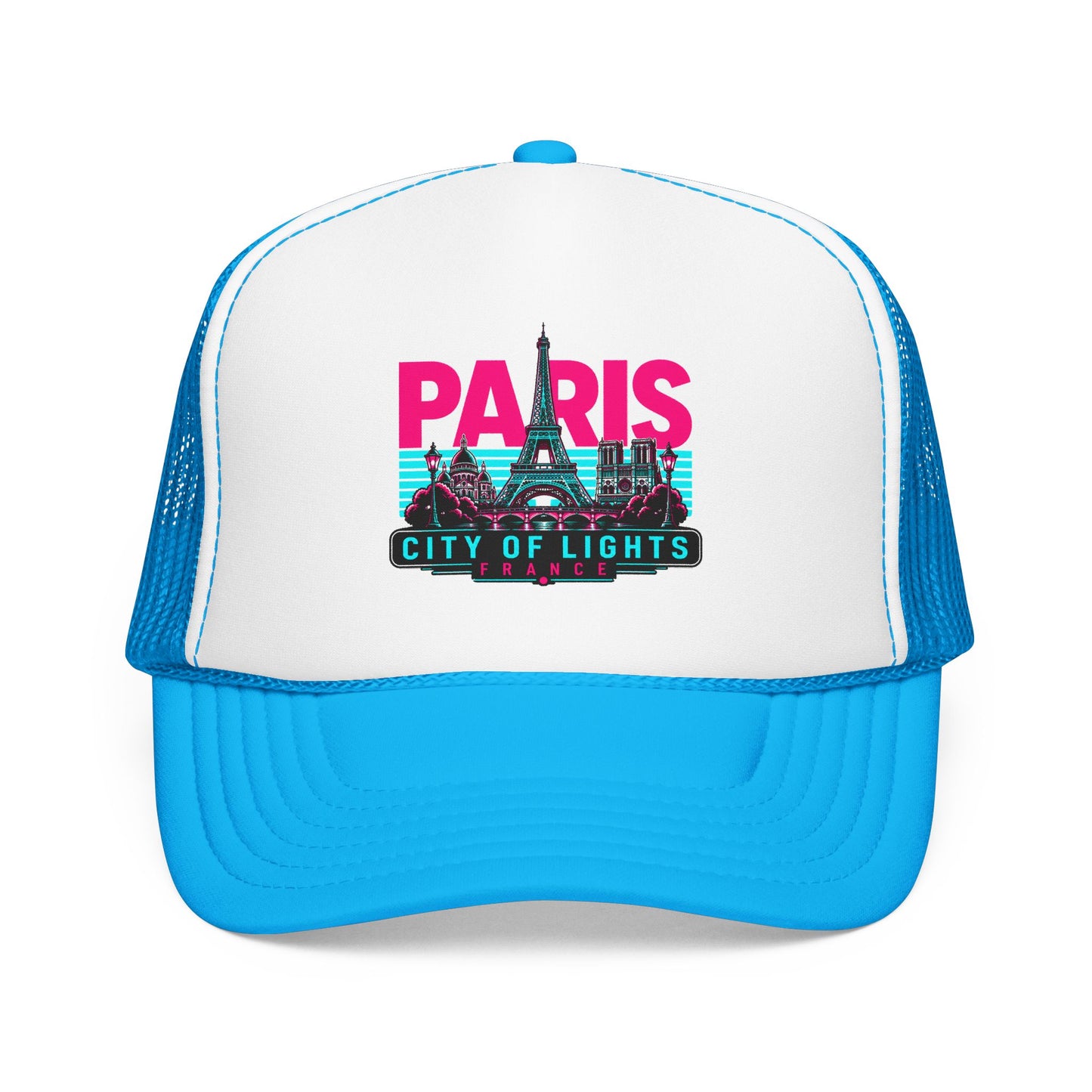 White trucker hat with bright blue mesh sides and Paris City of Lights graphic, curved brim.