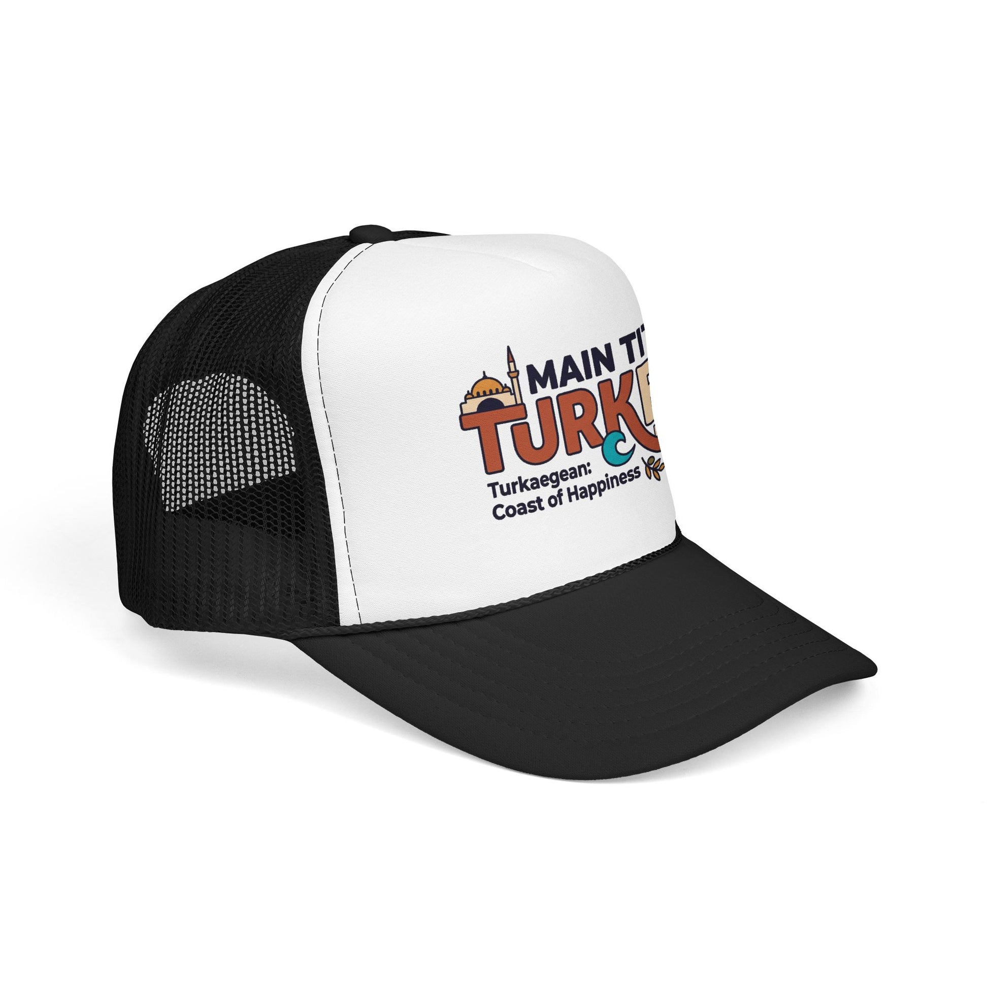 Black and white trucker hat front view, mesh sides, curved brim, Turkey logo patch.