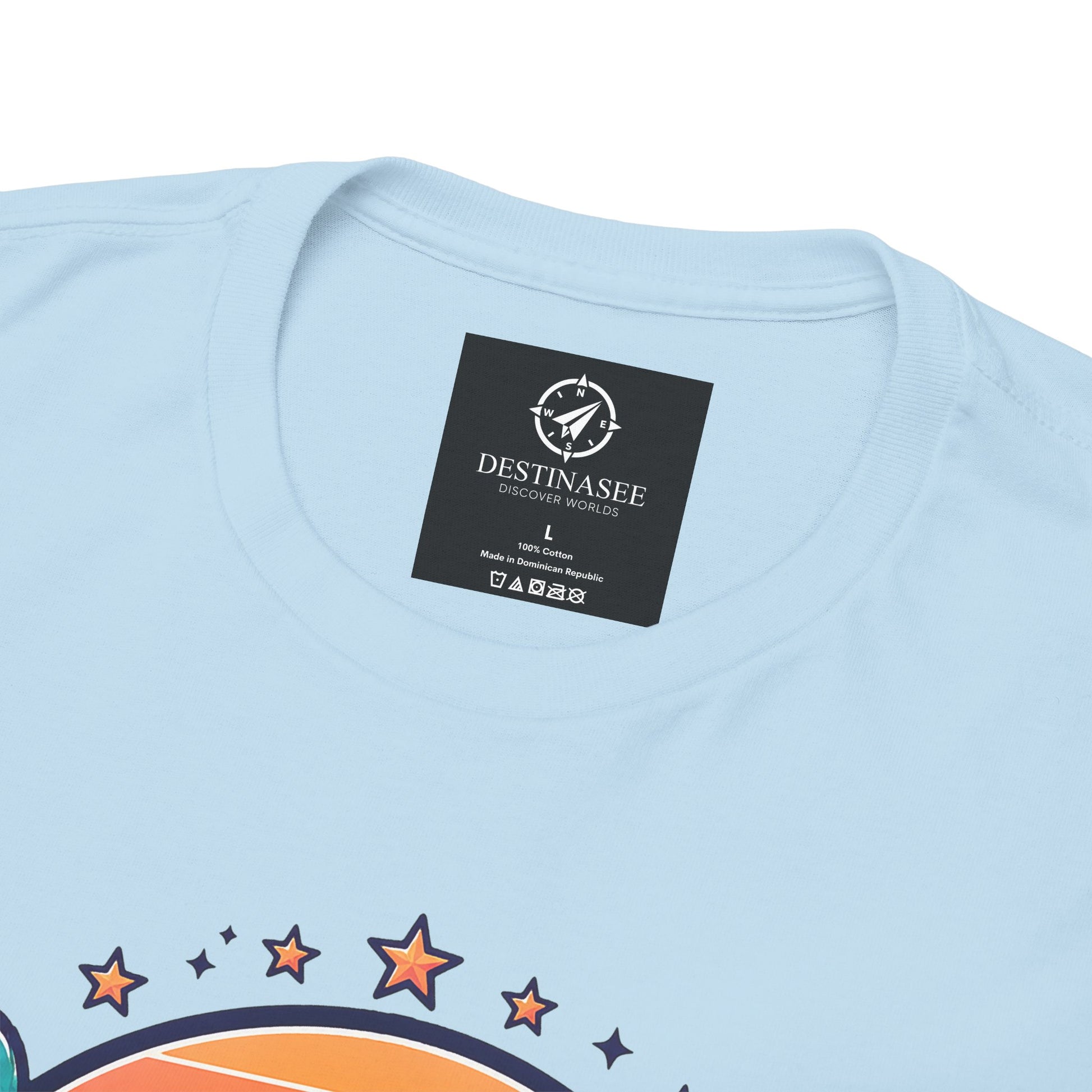 Light blue t-shirt back neckline with black brand label and partial star print