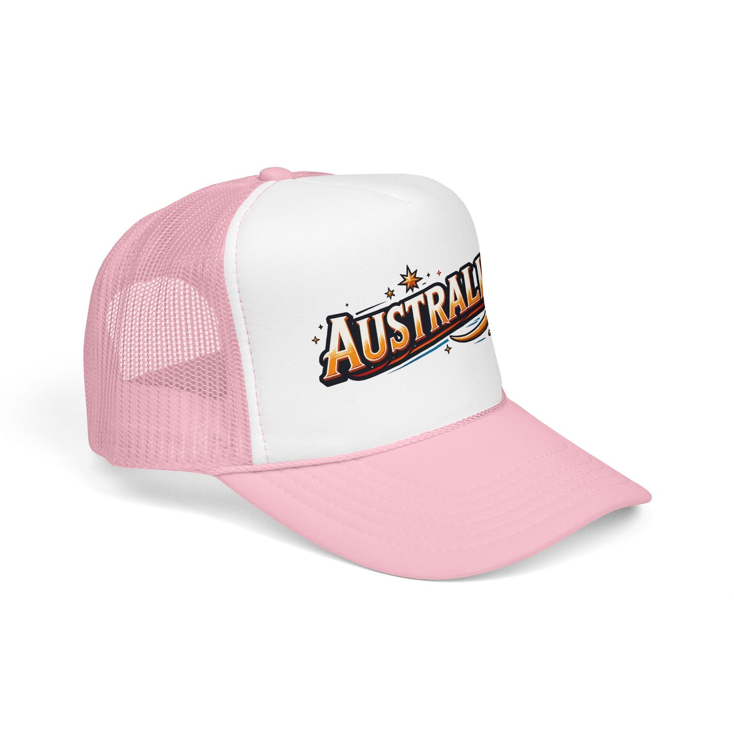 Australia trucker hat with pink mesh sides, white front panel, and curved brim