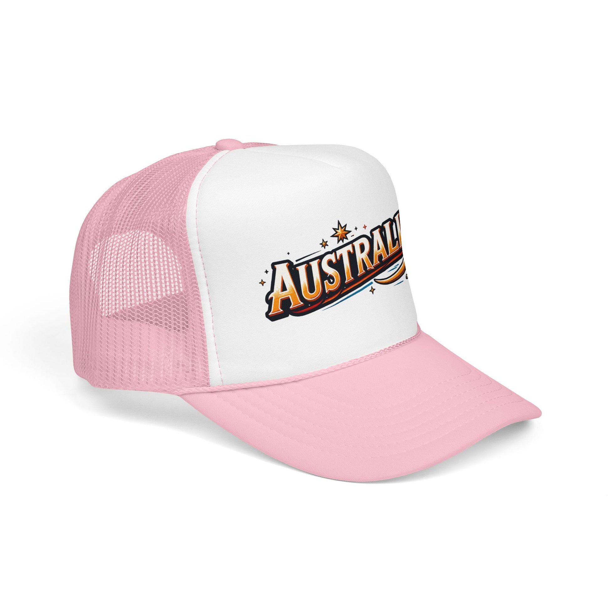 Australia trucker hat with pink mesh sides, white front panel, and curved brim