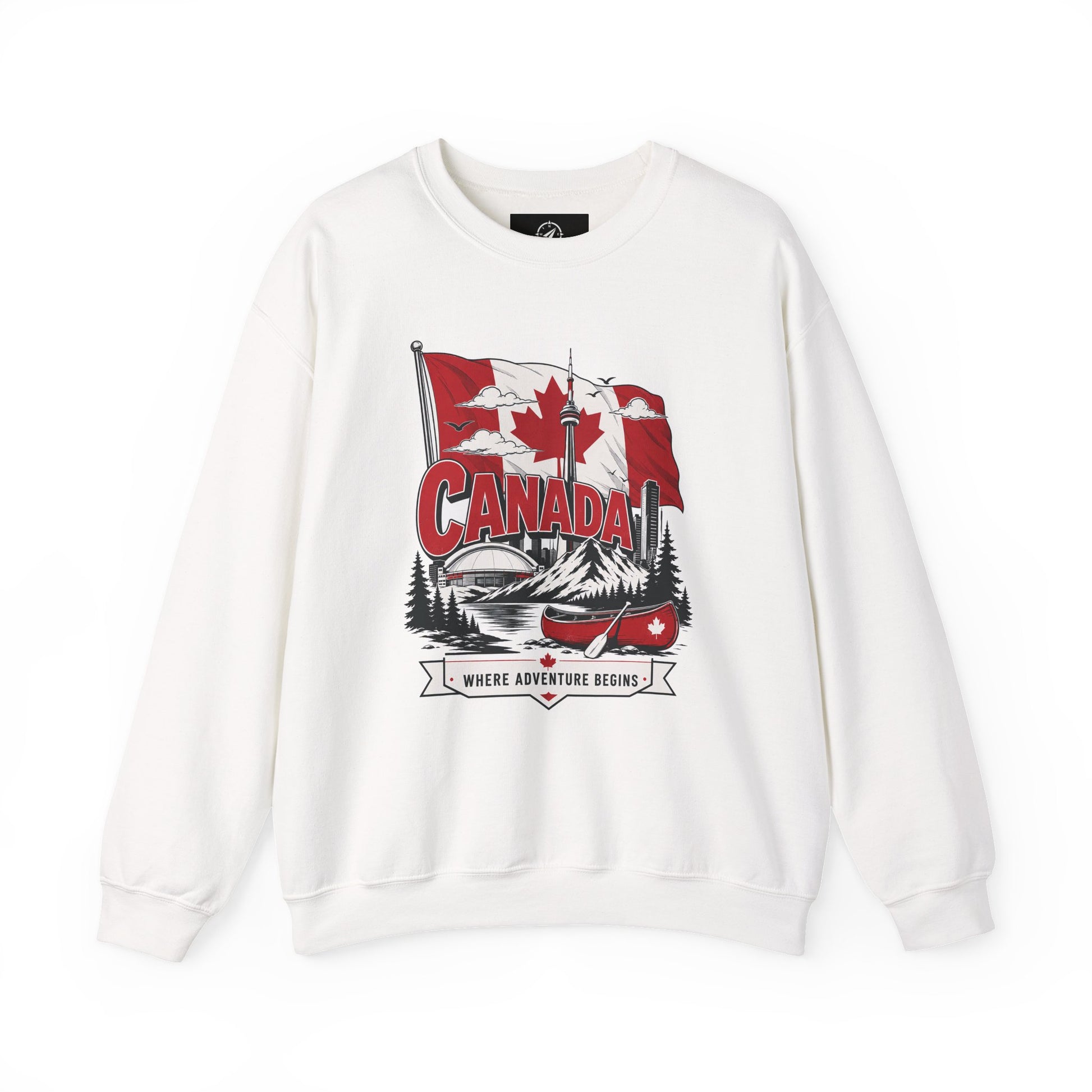 White crewneck sweatshirt with Canada flag canoe graphic and long sleeves.