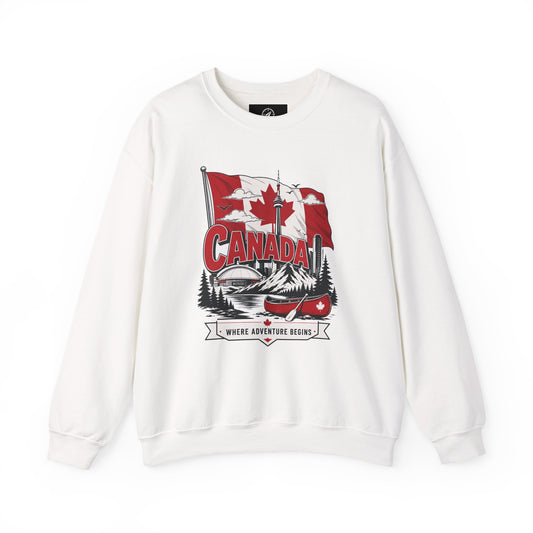 White crewneck sweatshirt with Canada flag canoe graphic and long sleeves.