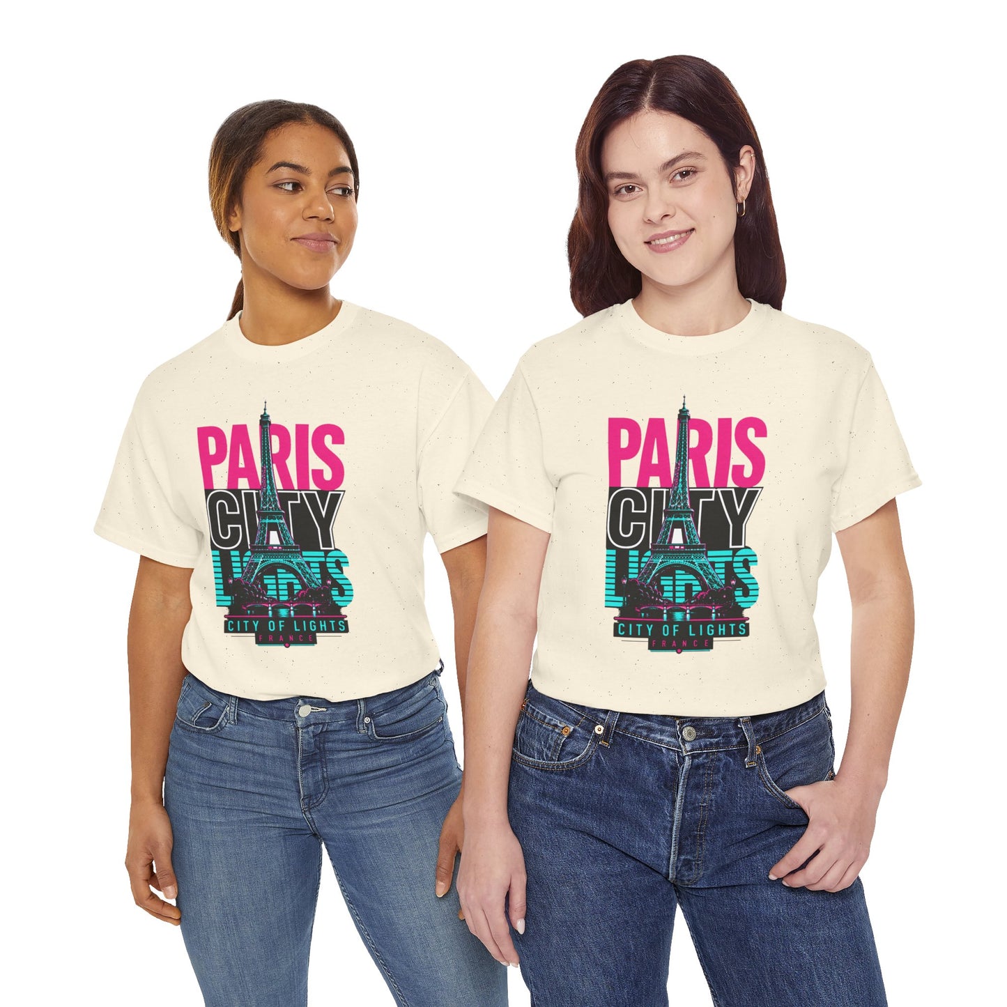 Off-white crewneck T-shirt with neon 'PARIS CITY' Eiffel graphic