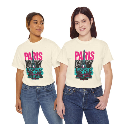 Off-white crewneck T-shirt with neon 'PARIS CITY' Eiffel graphic