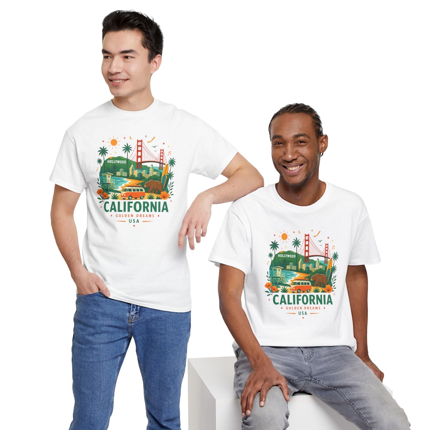 Two men wearing white crew-neck T-shirts with colorful California graphic