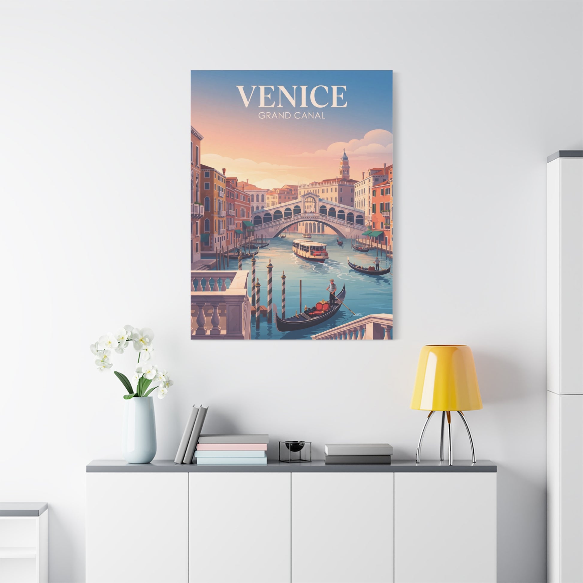 Venice canal matte canvas print with gondolas and arched bridge on canal