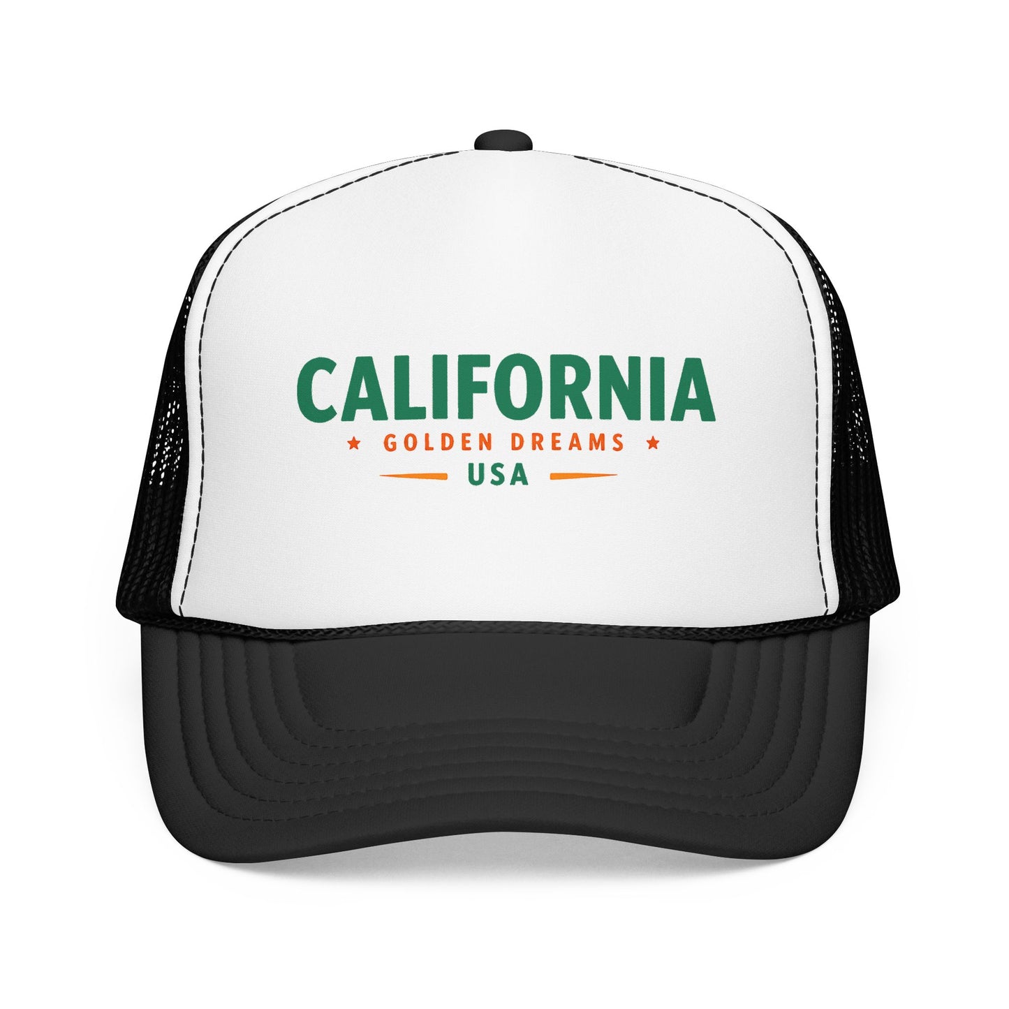 Two-tone trucker hat with white front, black mesh sides, and green “California” logo