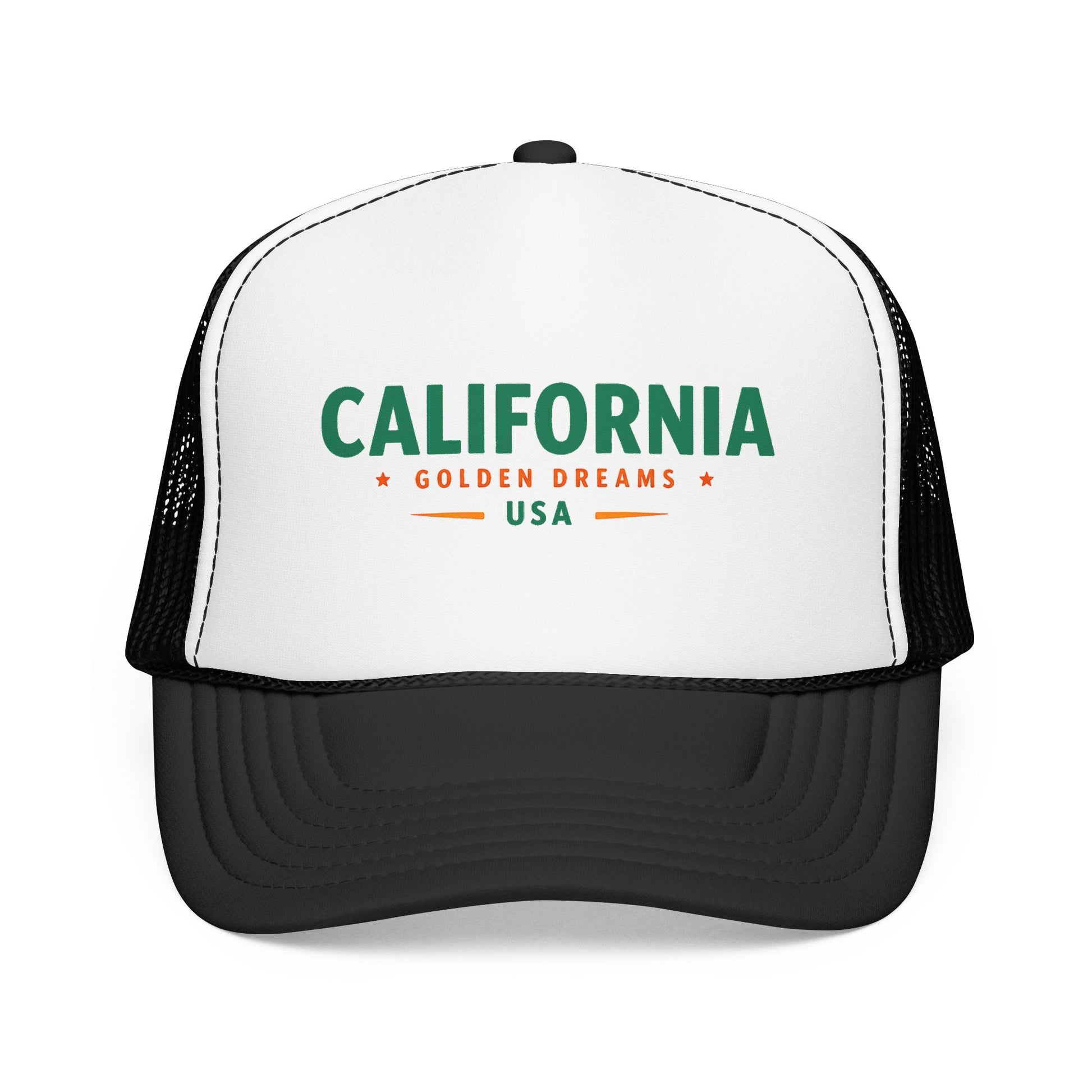 Two-tone trucker hat with white front, black mesh sides, and green “California” logo