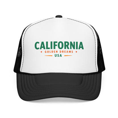 Two-tone trucker hat with white front, black mesh sides, and green “California” logo