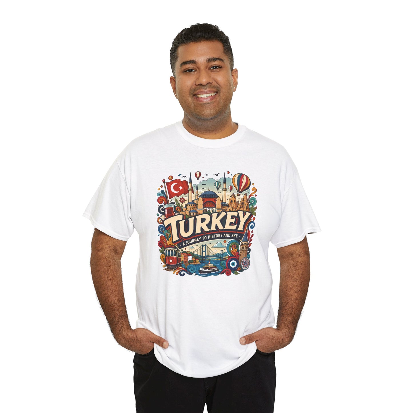 Beige crew-neck T-shirt with colorful Turkey graphic print on the chest