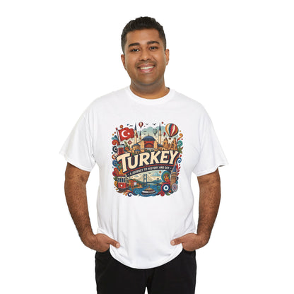 Beige crew-neck T-shirt with colorful Turkey graphic print on the chest