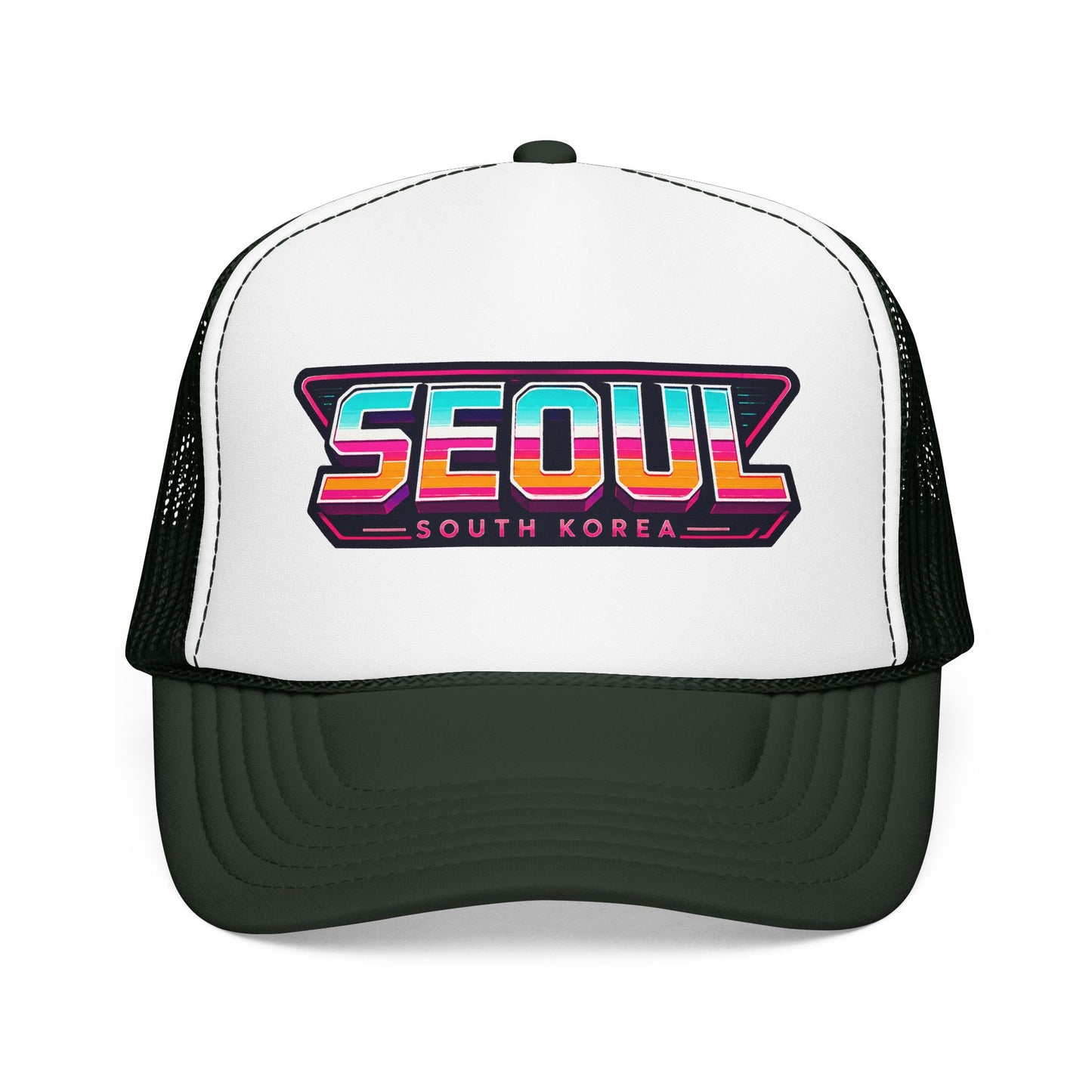 White and dark green trucker hat with SEOUl South Korea logo patch on front