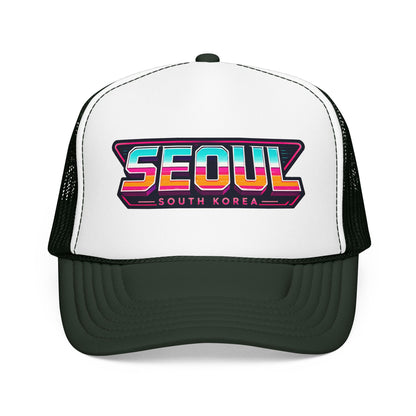 White and dark green trucker hat with SEOUl South Korea logo patch on front