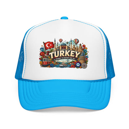 Turkey trucker hat with white front, blue mesh sides, and Turkey graphic patch