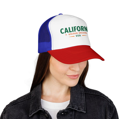 Blue-and-white trucker hat with red brim and green California front print