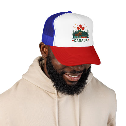 Blue and white Canada logo trucker hat with mesh back and red brim
