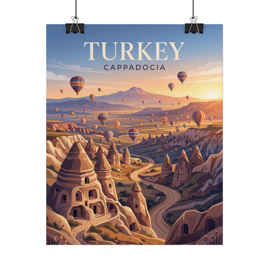 Rolled poster with TURKEY text, hot air balloons, and Cappadocia desert landscape