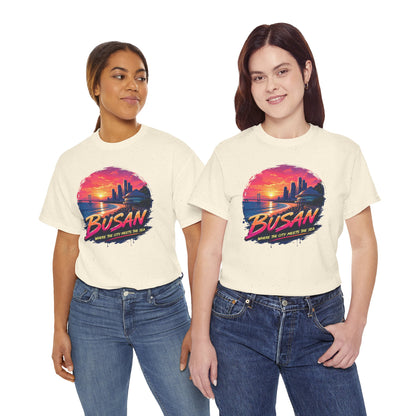 Light cream graphic t-shirt with Busan sunset seaside print, crew neck and short sleeves