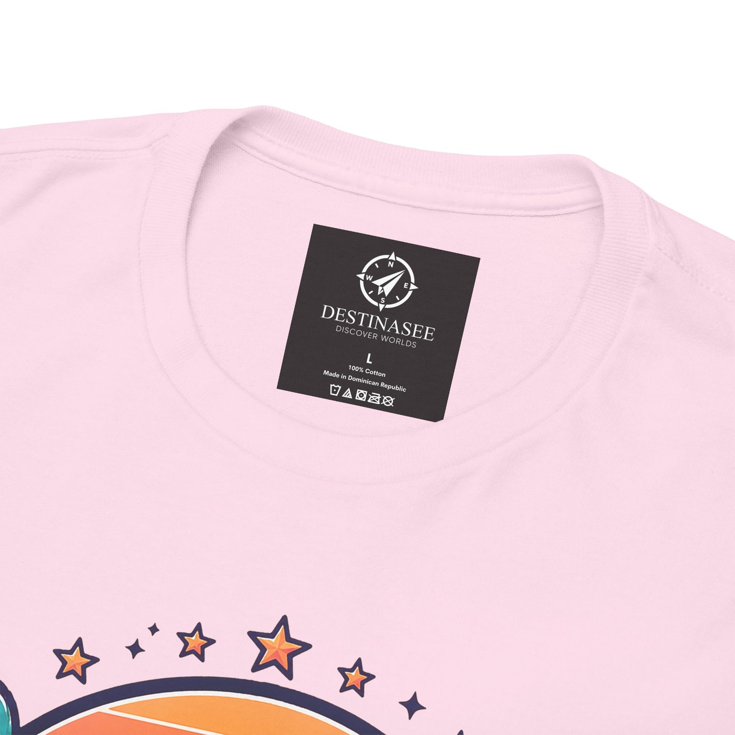 Pink T-shirt back neckline close-up with neck label and partial star graphic